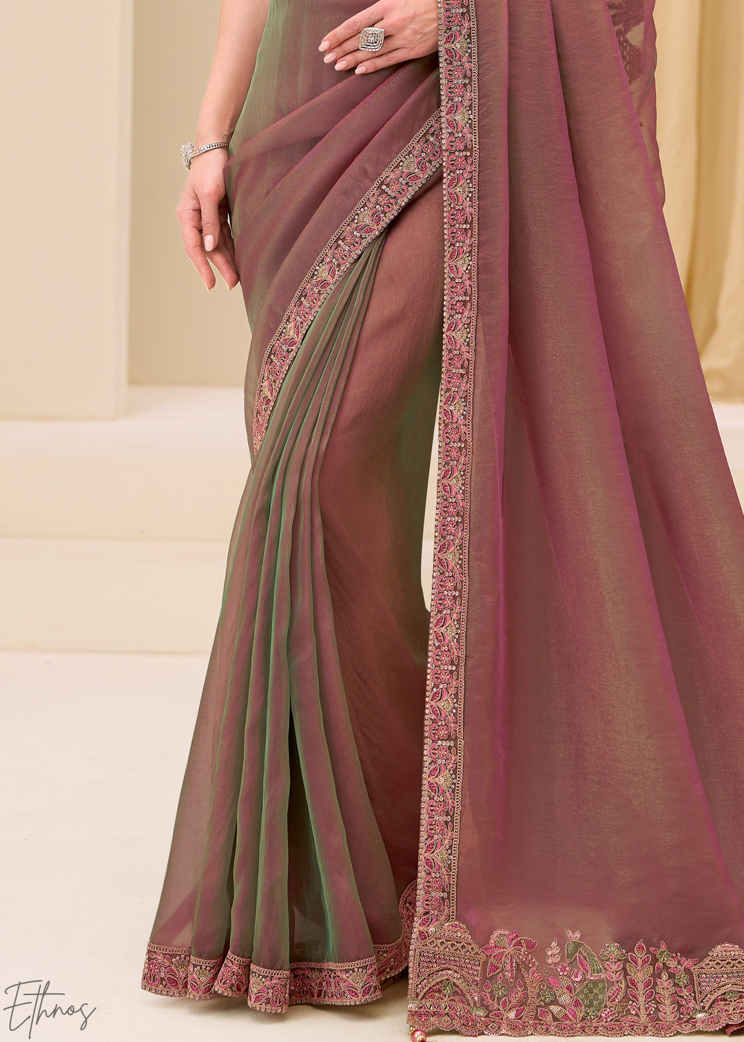 Dusty Mauve Ornamental Panel Satin Chiffon Saree