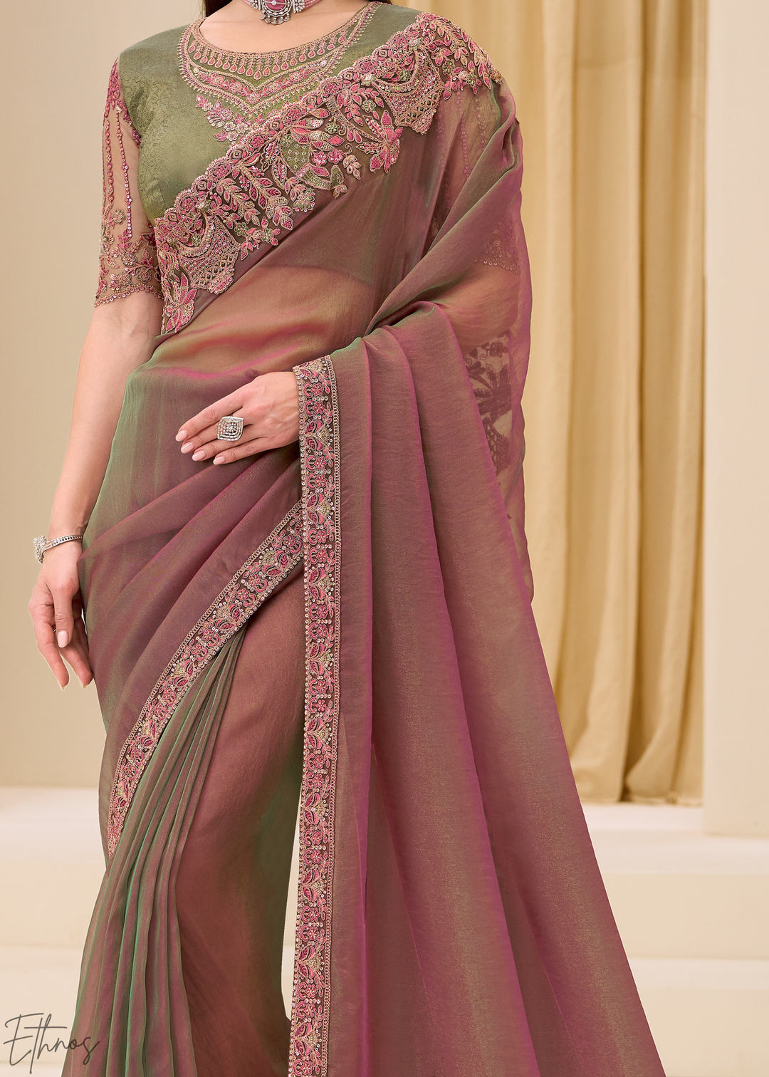 Dusty Mauve Ornamental Panel Satin Chiffon Saree