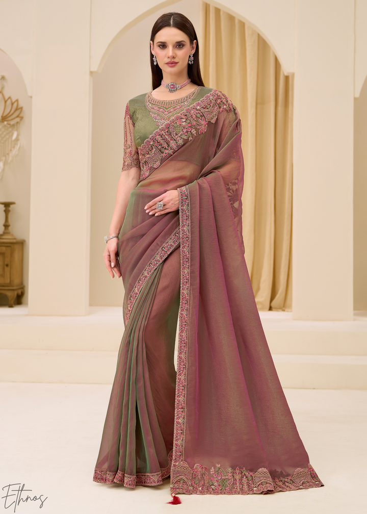 Dusty Mauve Ornamental Panel Satin Chiffon Saree
