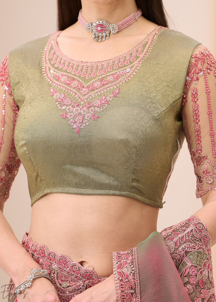 Dusty Mauve Ornamental Panel Satin Chiffon Saree