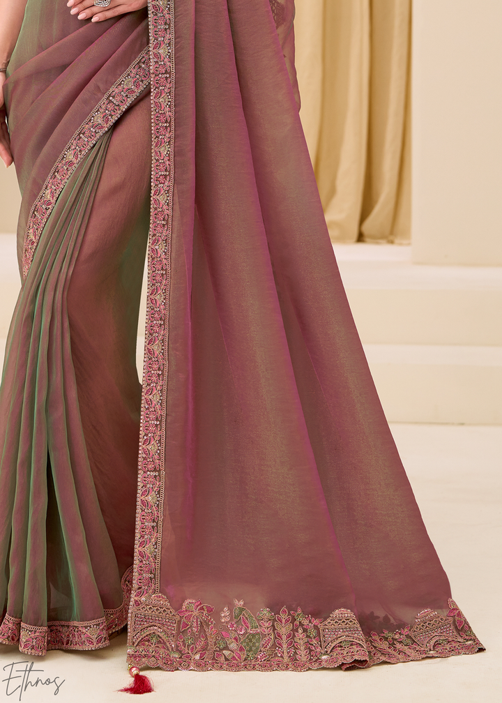 Dusty Mauve Ornamental Panel Satin Chiffon Saree