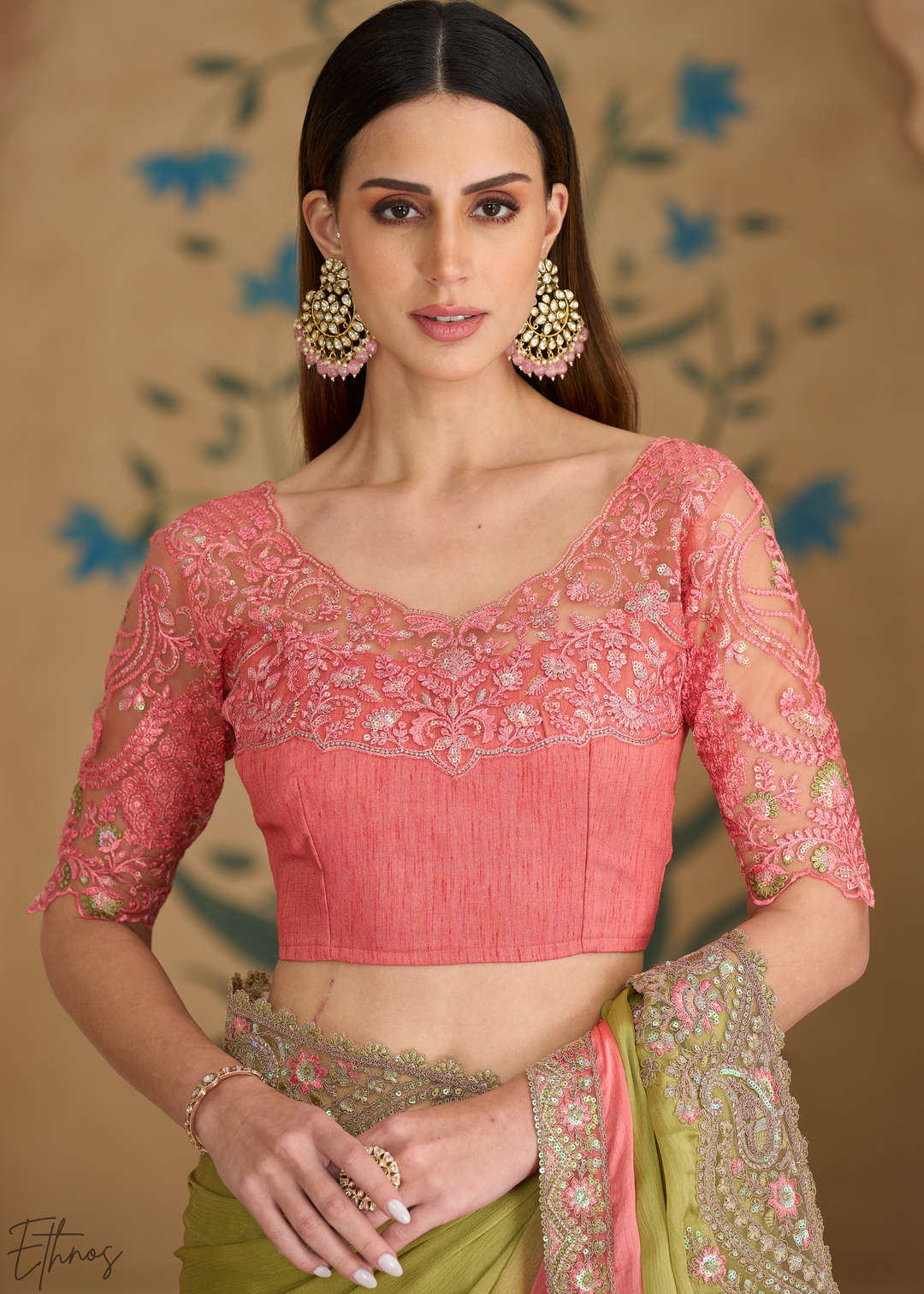 Pink Moss Pleated Texture Tissue Georgette Saree