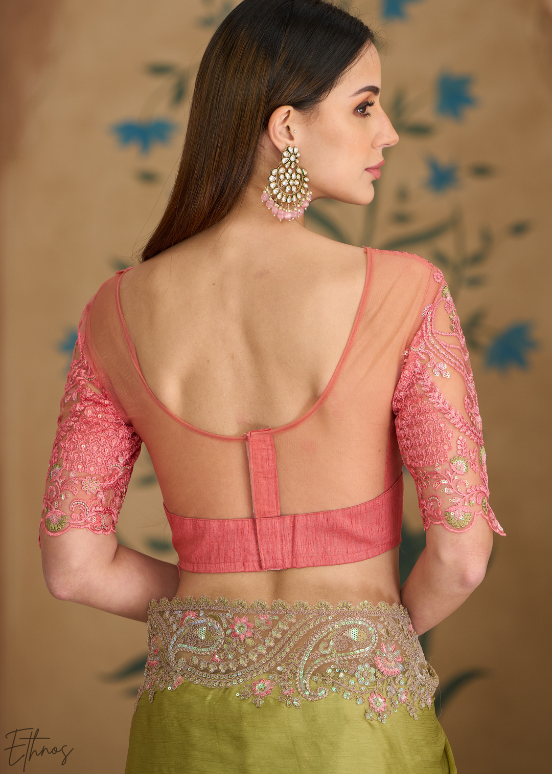 Pink Moss Pleated Texture Tissue Georgette Saree
