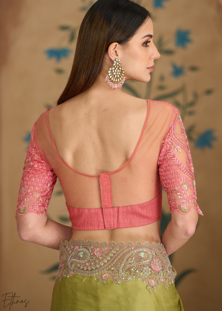 Pink Moss Pleated Texture Tissue Georgette Saree