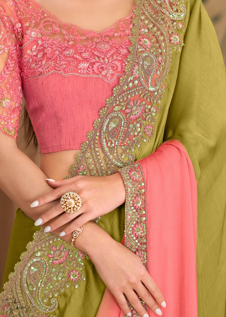 Pink Moss Pleated Texture Tissue Georgette Saree