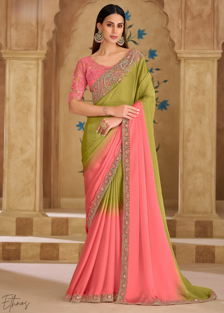 Pink Moss Pleated Texture Tissue Georgette Saree