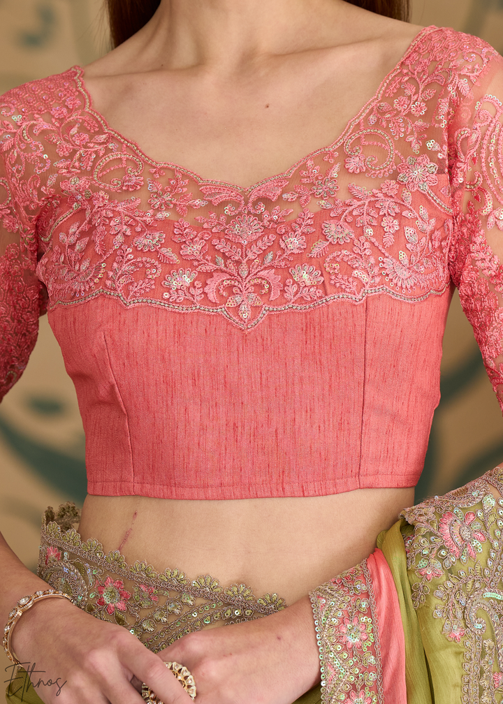 Pink Moss Pleated Texture Tissue Georgette Saree
