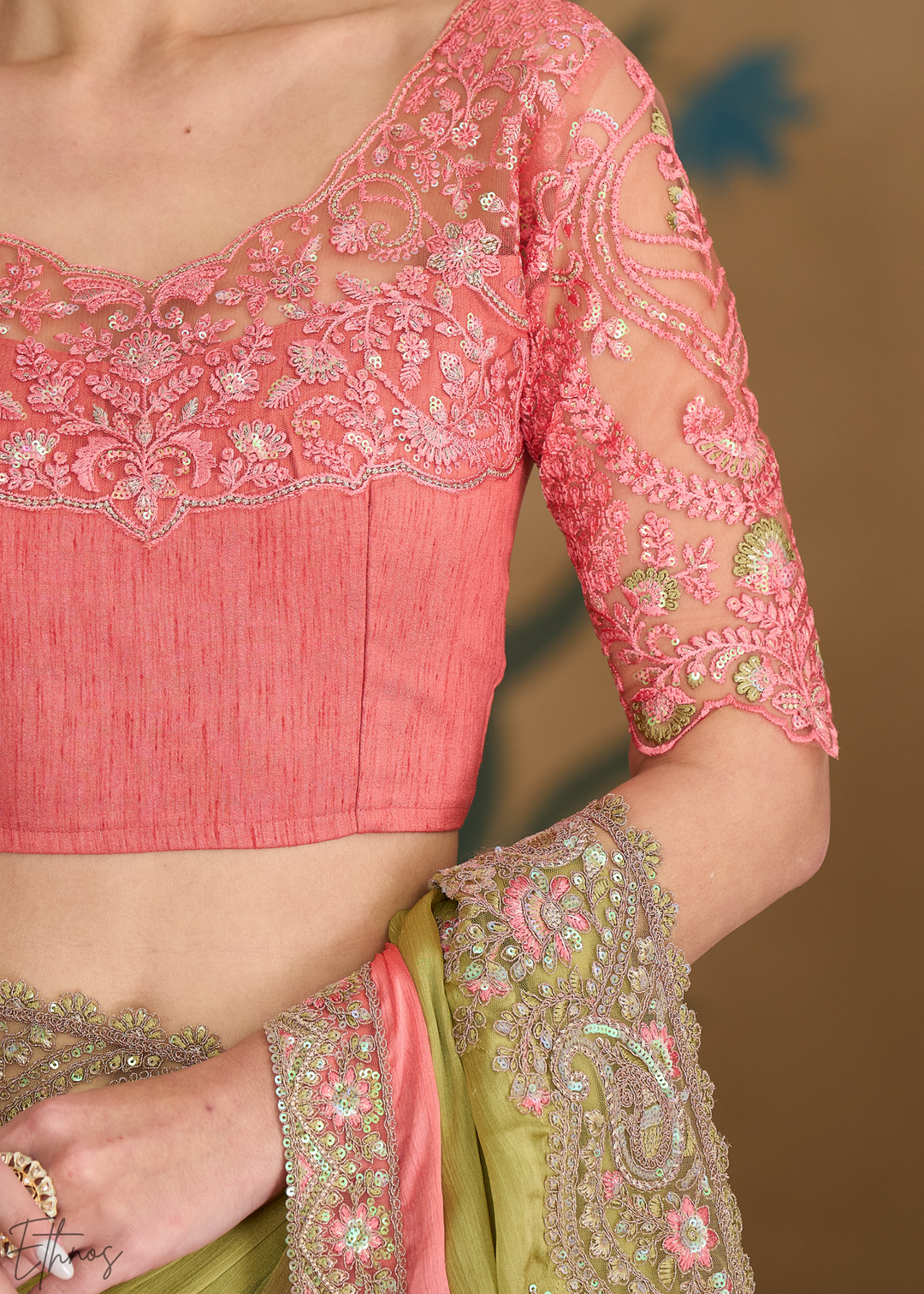Pink Moss Pleated Texture Tissue Georgette Saree
