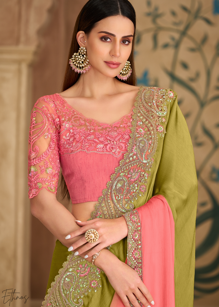 Pink Moss Pleated Texture Tissue Georgette Saree