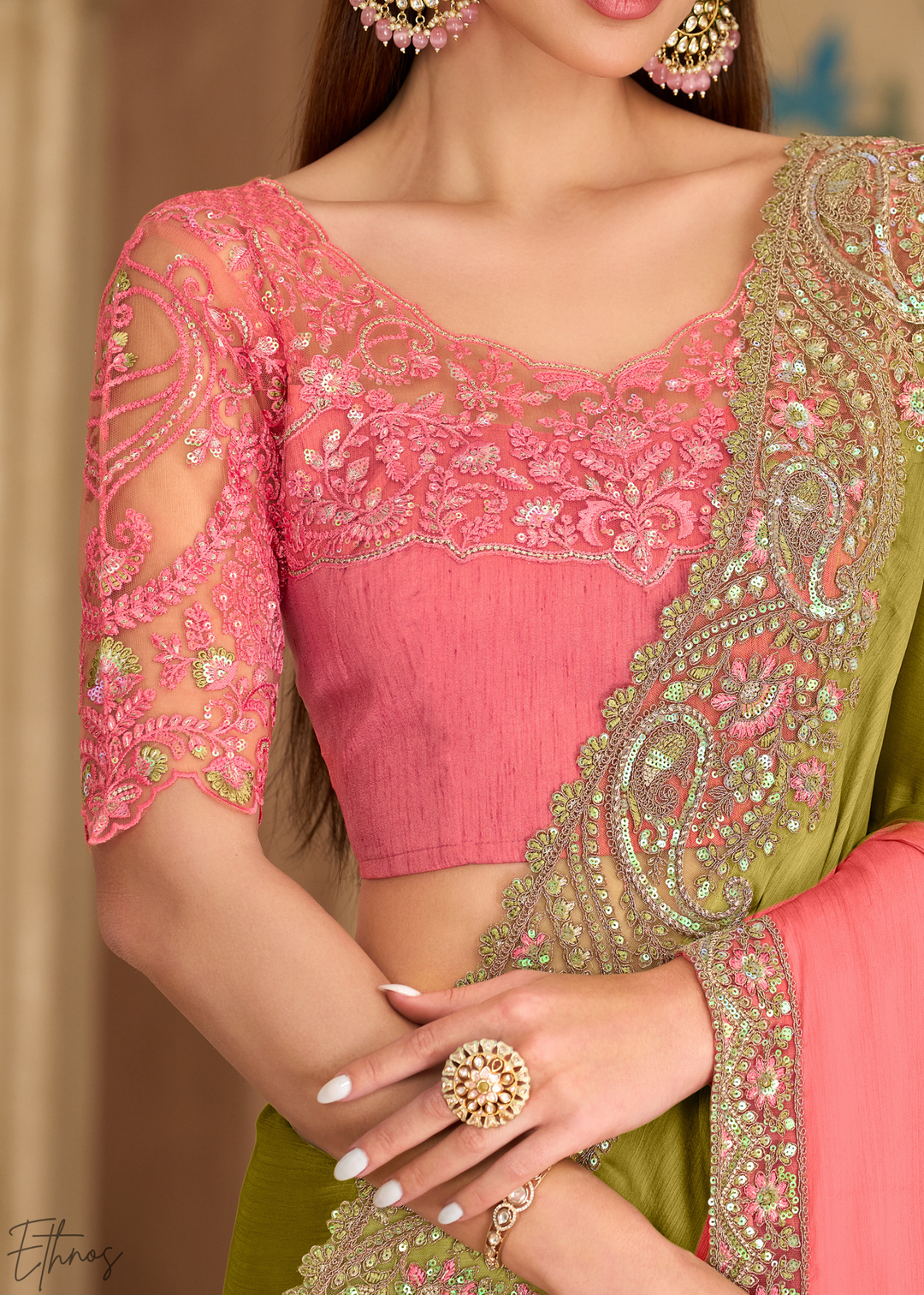 Pink Moss Pleated Texture Tissue Georgette Saree