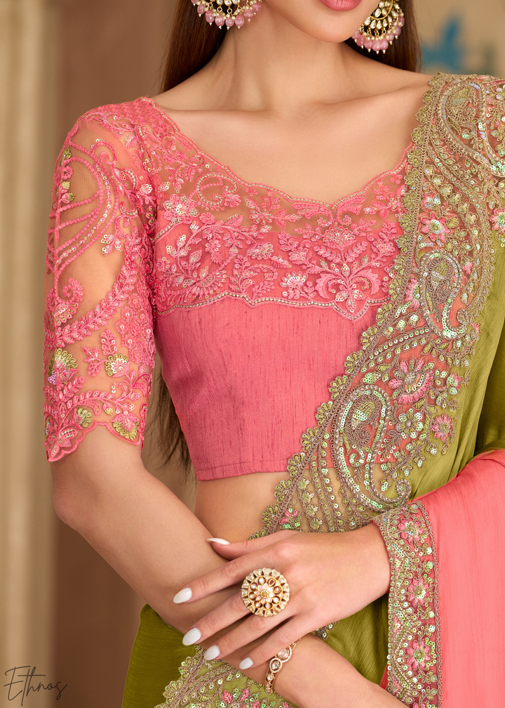 Pink Moss Pleated Texture Tissue Georgette Saree