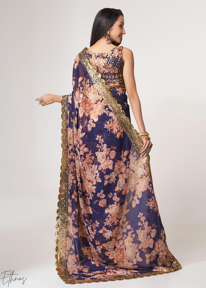 Dusty Mauve Rose Floral Print Organza Saree