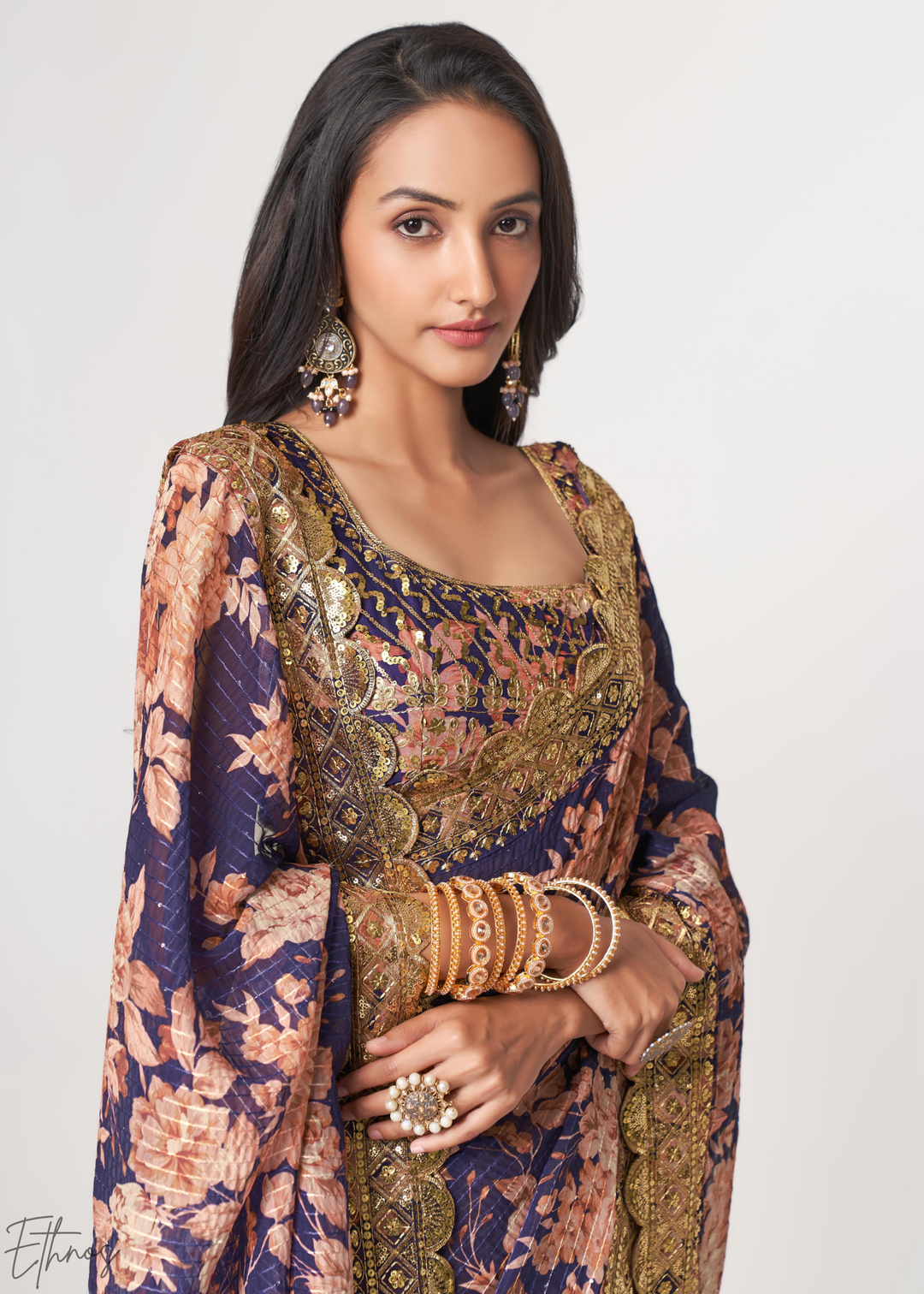 Dusty Mauve Rose Floral Print Organza Saree
