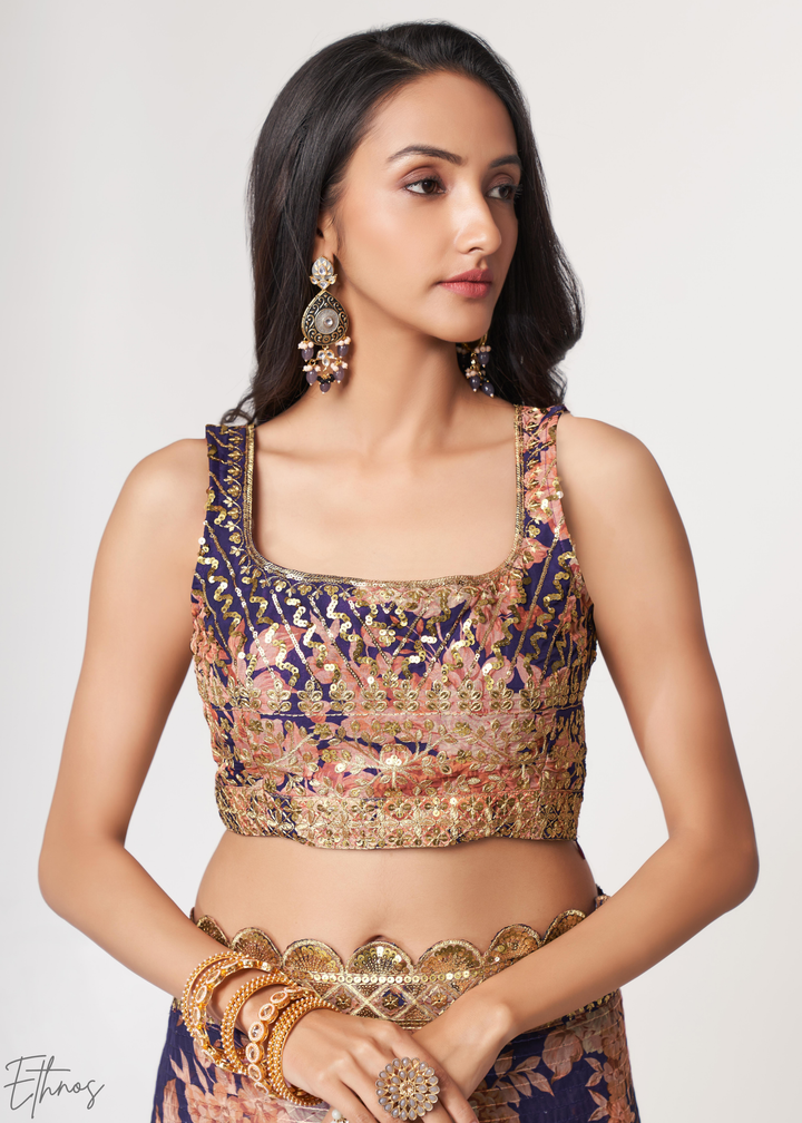 Dusty Mauve Rose Floral Print Organza Saree