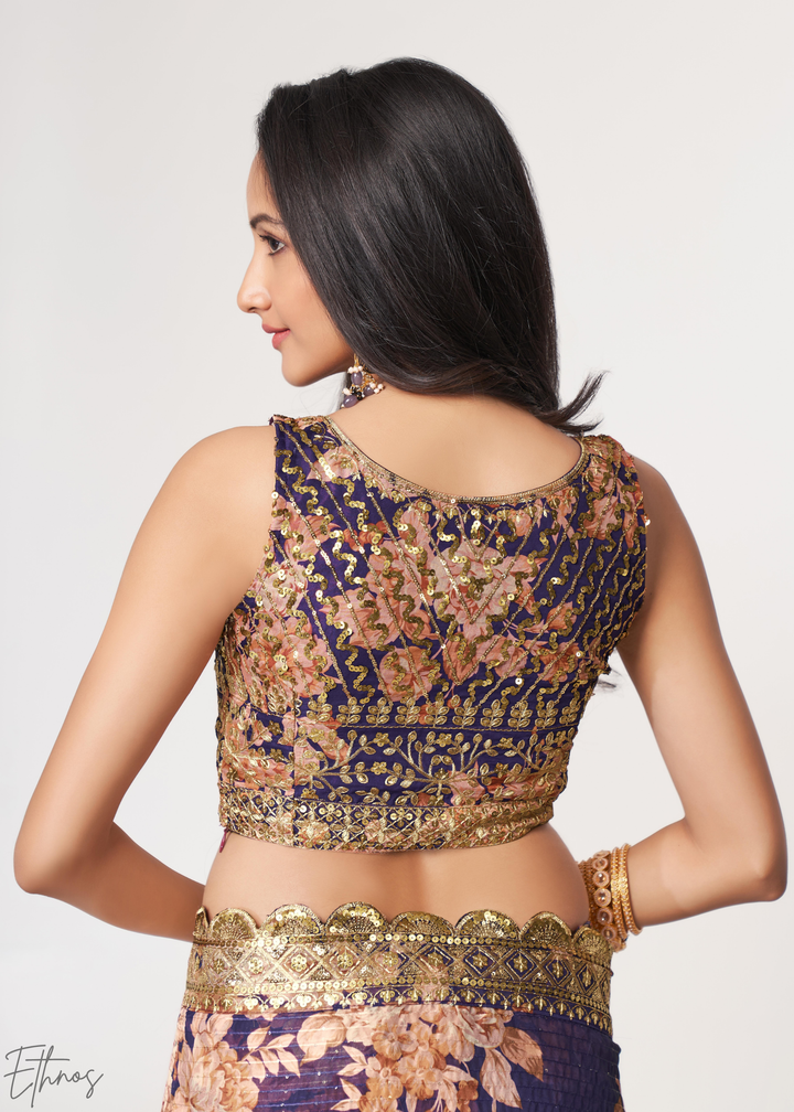 Dusty Mauve Rose Floral Print Organza Saree