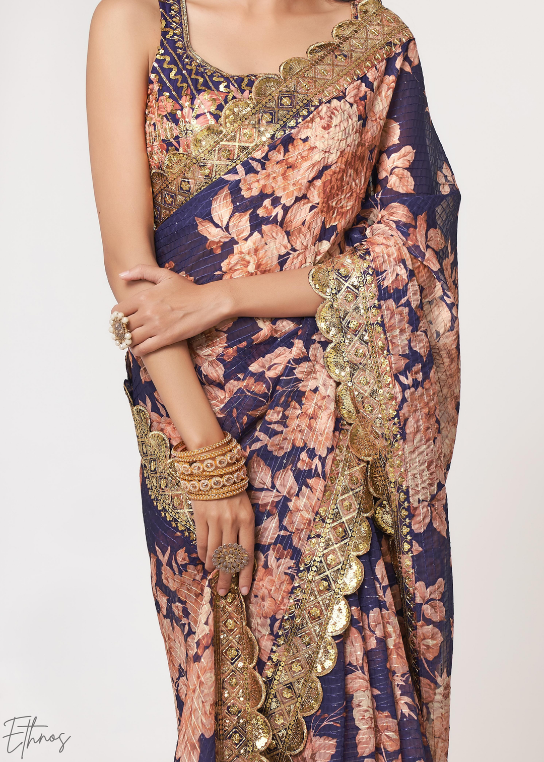 Dusty Mauve Rose Floral Print Organza Saree