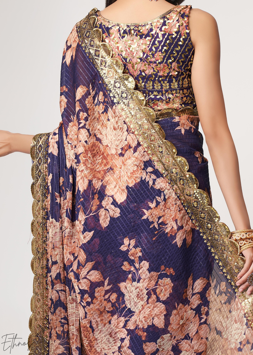 Dusty Mauve Rose Floral Print Organza Saree