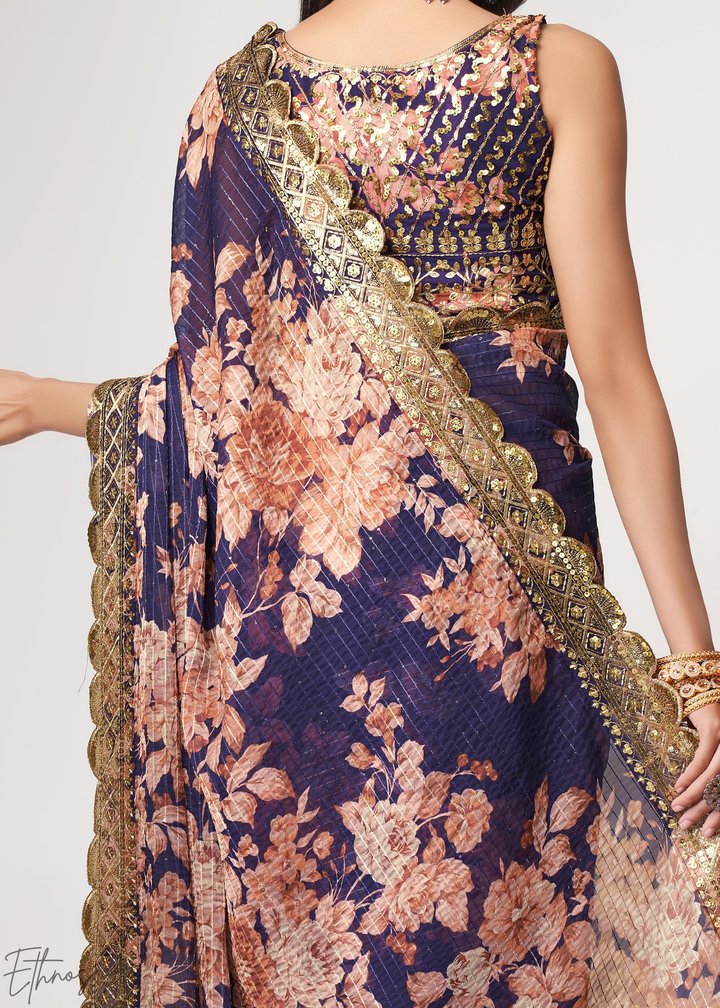Dusty Mauve Rose Floral Print Organza Saree