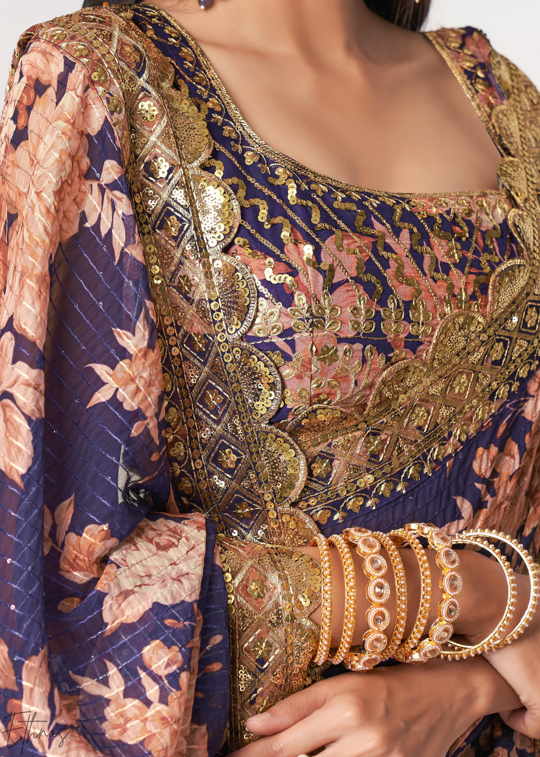 Dusty Mauve Rose Floral Print Organza Saree