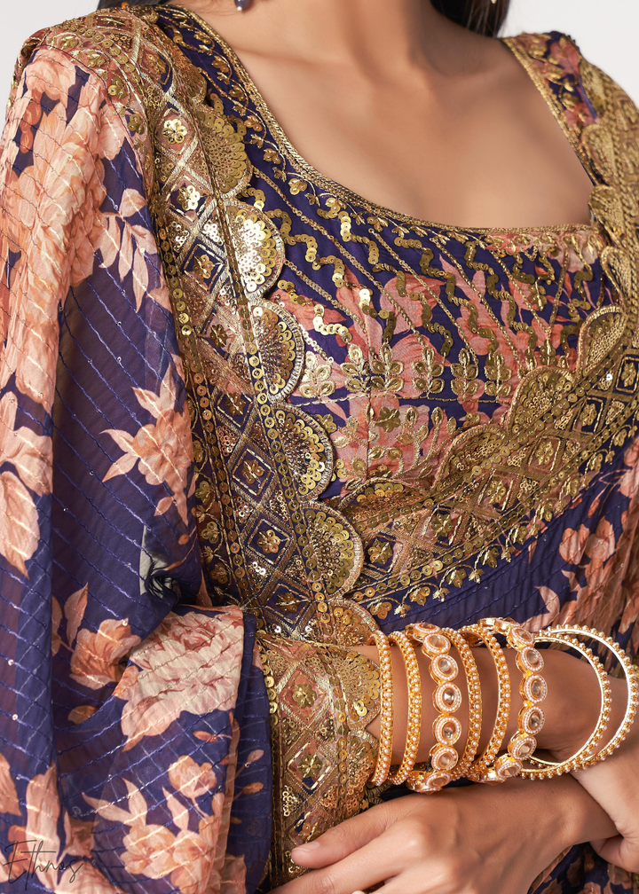 Dusty Mauve Rose Floral Print Organza Saree