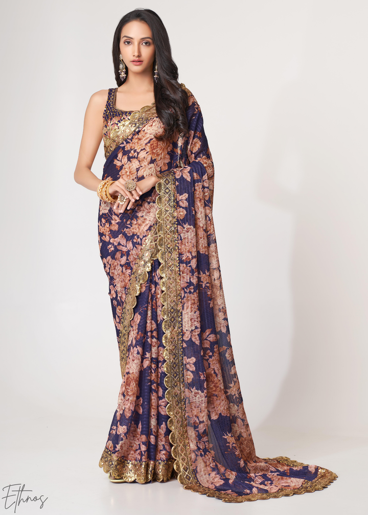 Dusty Mauve Rose Floral Print Organza Saree