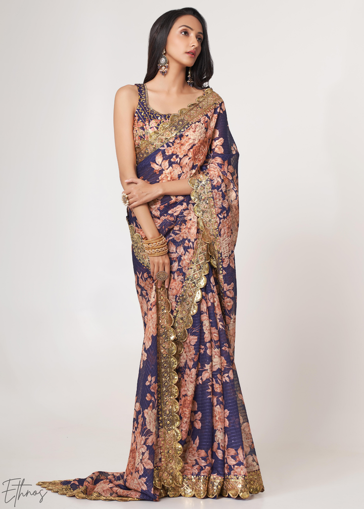 Dusty Mauve Rose Floral Print Organza Saree