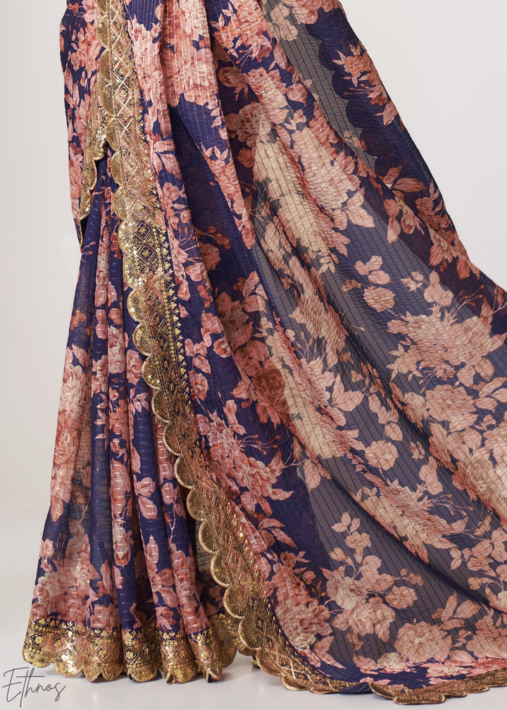 Dusty Mauve Rose Floral Print Organza Saree