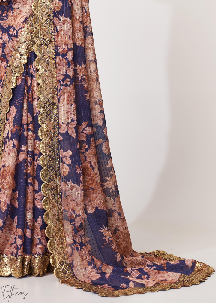 Dusty Mauve Rose Floral Print Organza Saree