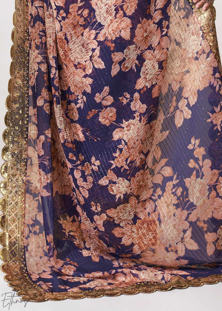 Dusty Mauve Rose Floral Print Organza Saree