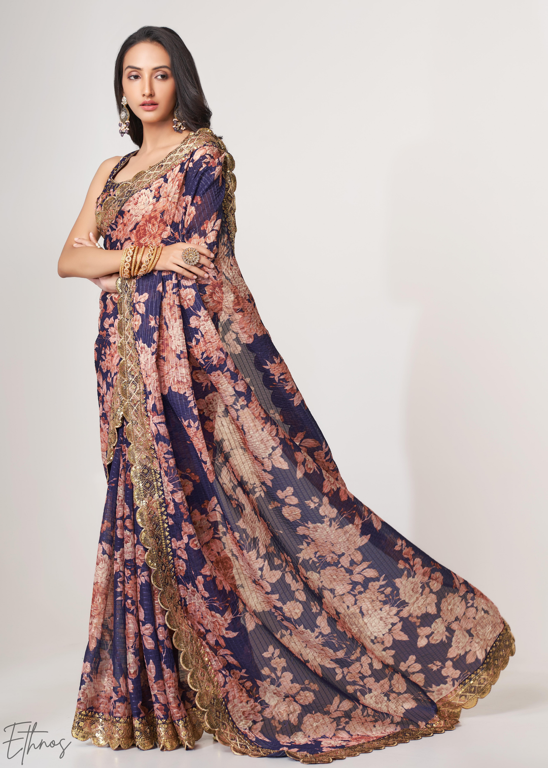 Dusty Mauve Rose Floral Print Organza Saree