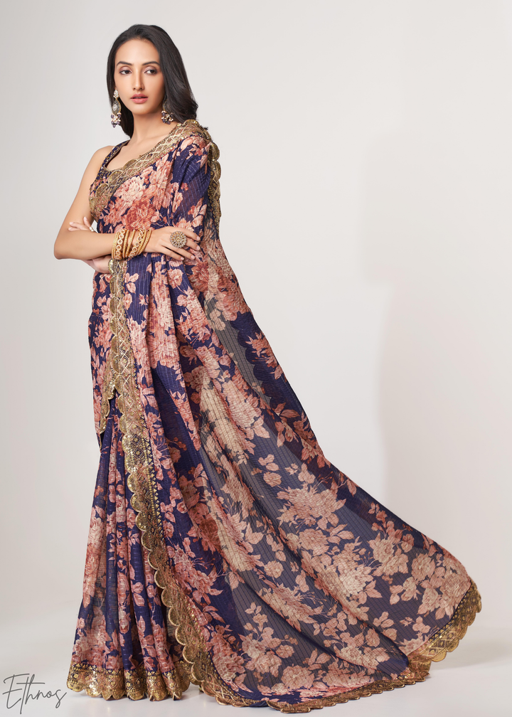 Dusty Mauve Rose Floral Print Organza Saree