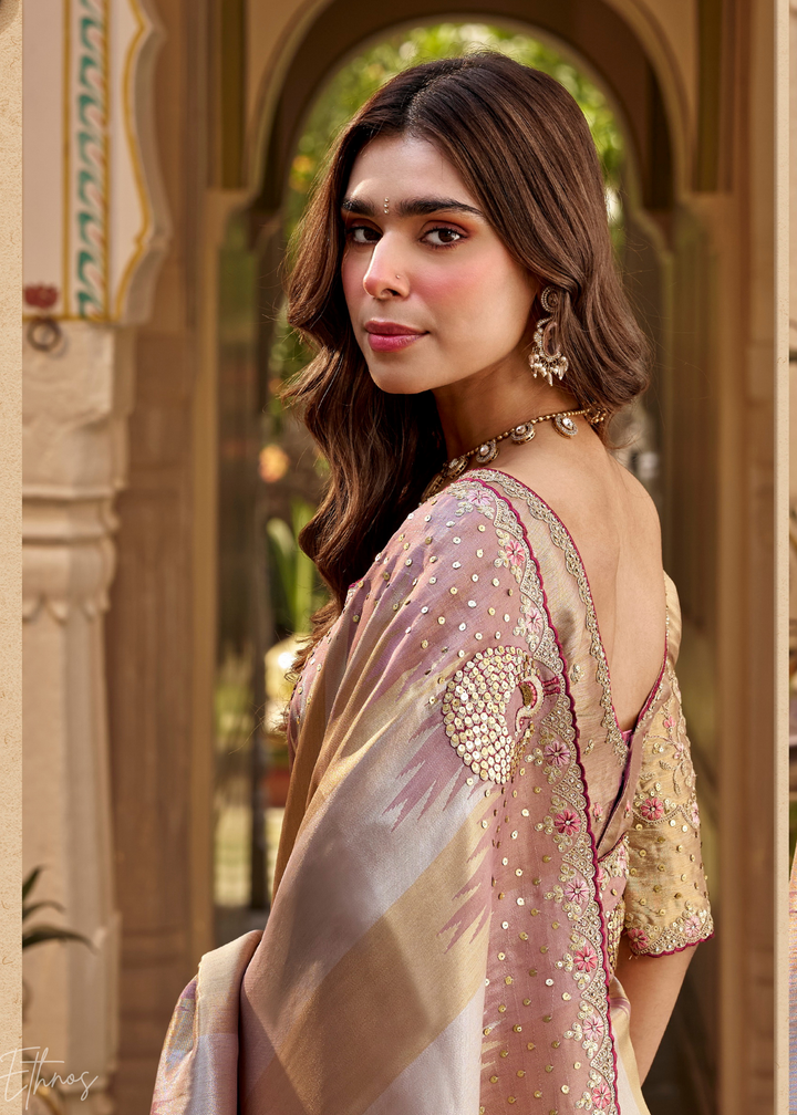 Dusty Mauve Subtle Checkered Satin Silk Saree