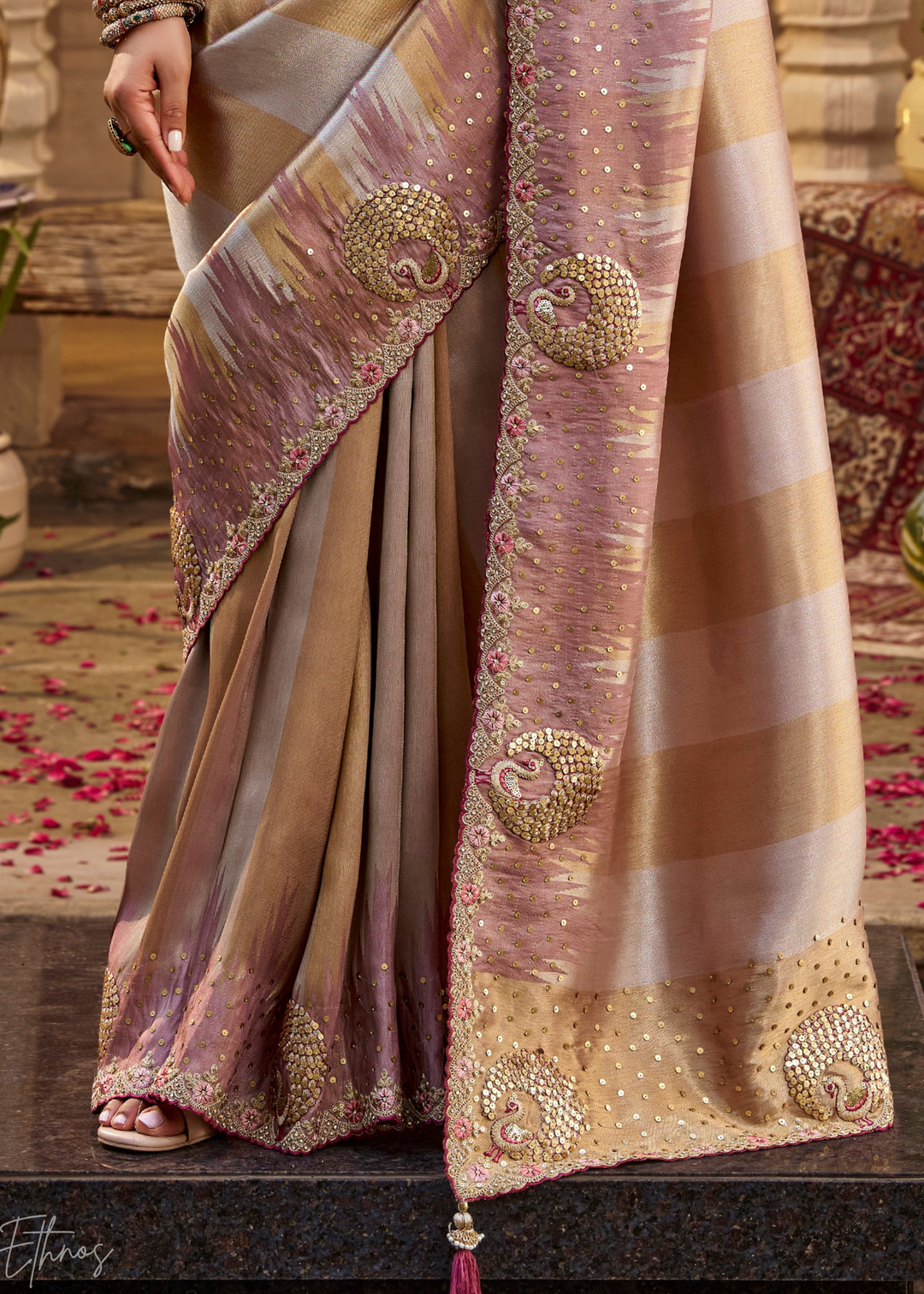 Dusty Mauve Subtle Checkered Satin Silk Saree