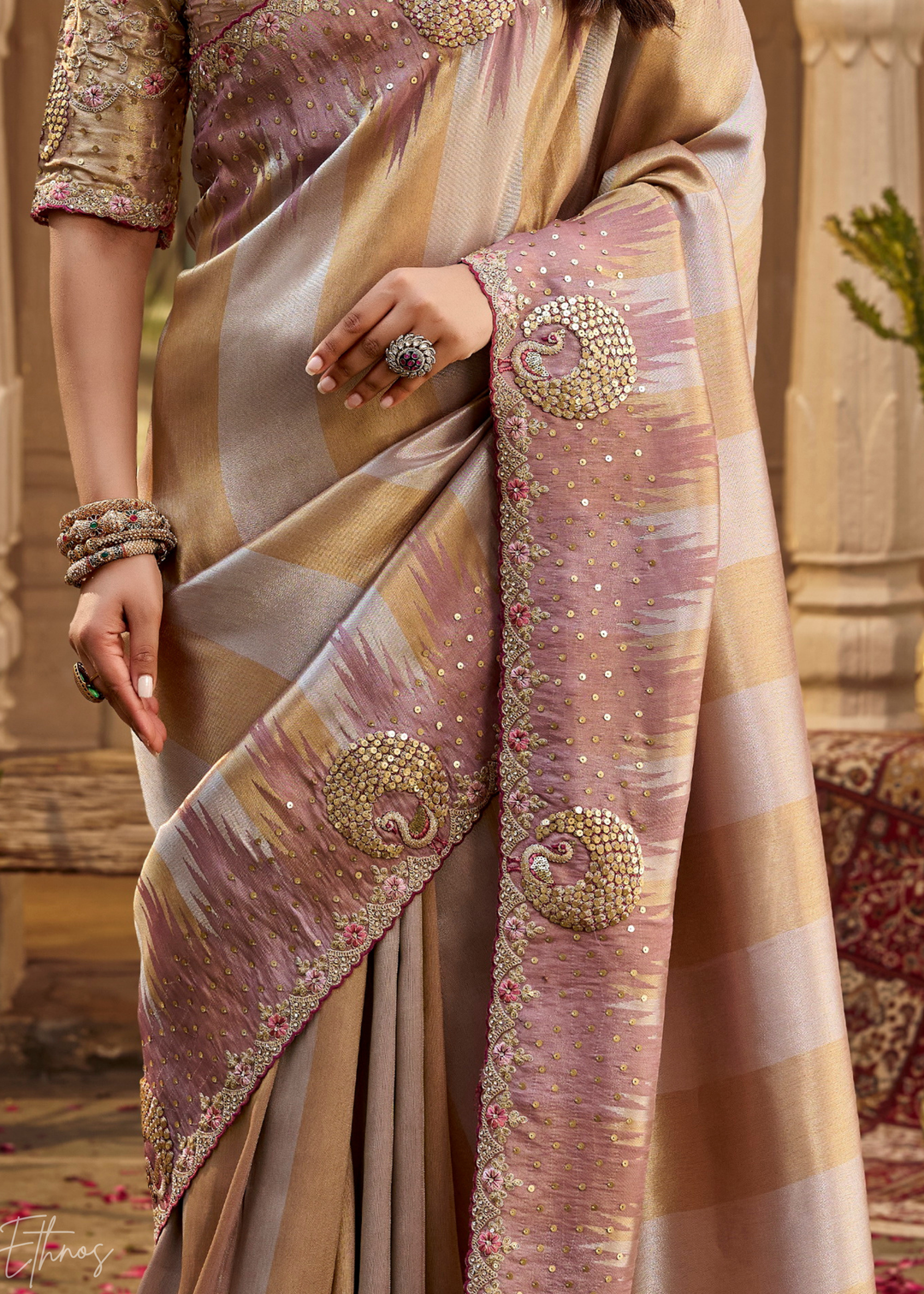 Dusty Mauve Subtle Checkered Satin Silk Saree