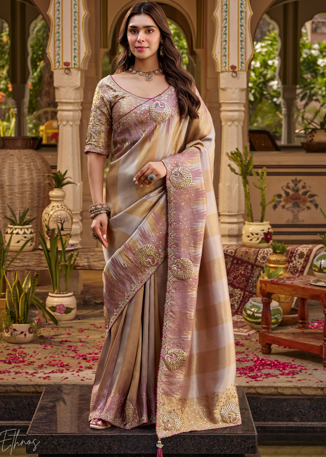 Dusty Mauve Subtle Checkered Satin Silk Saree