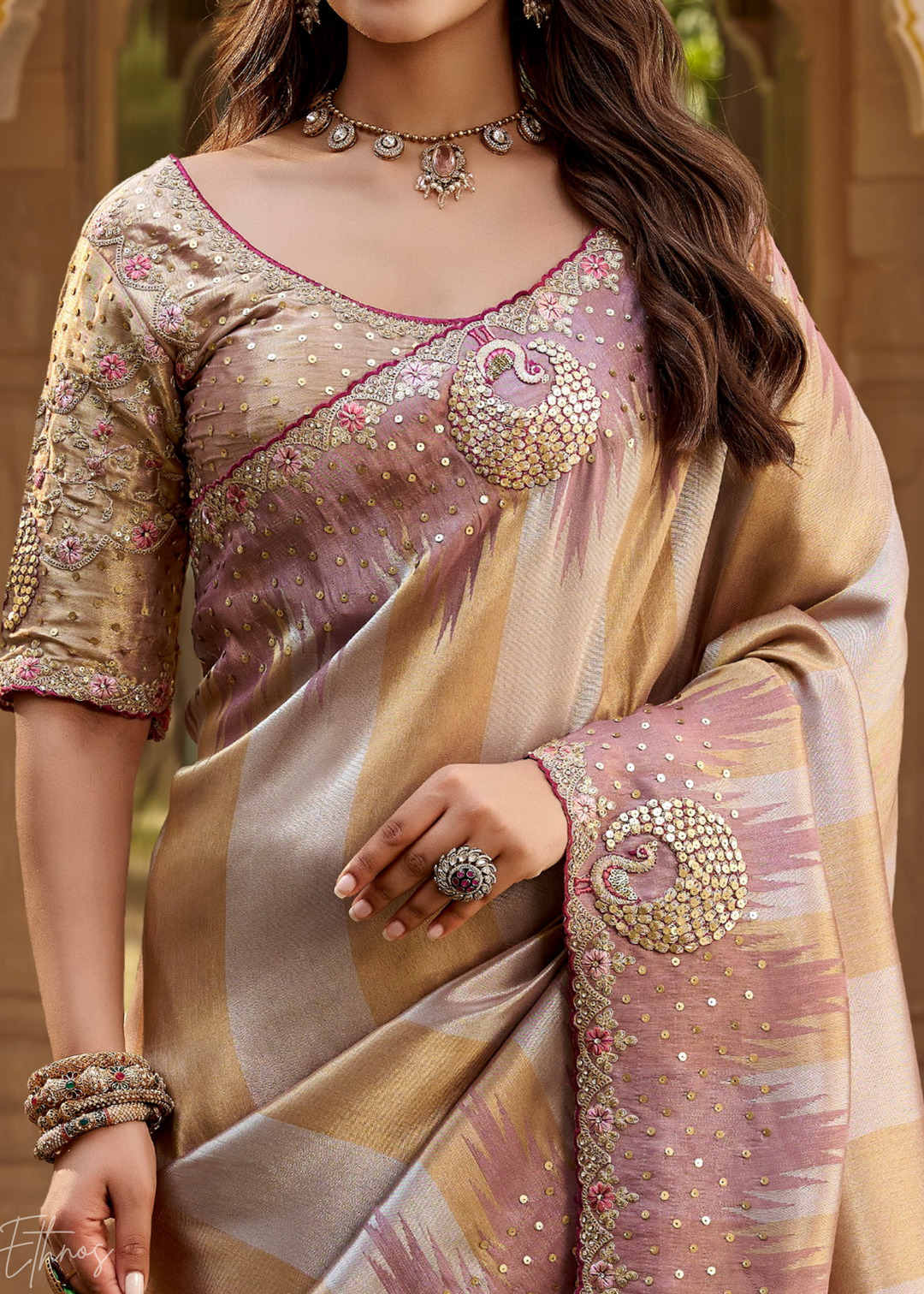 Dusty Mauve Subtle Checkered Satin Silk Saree