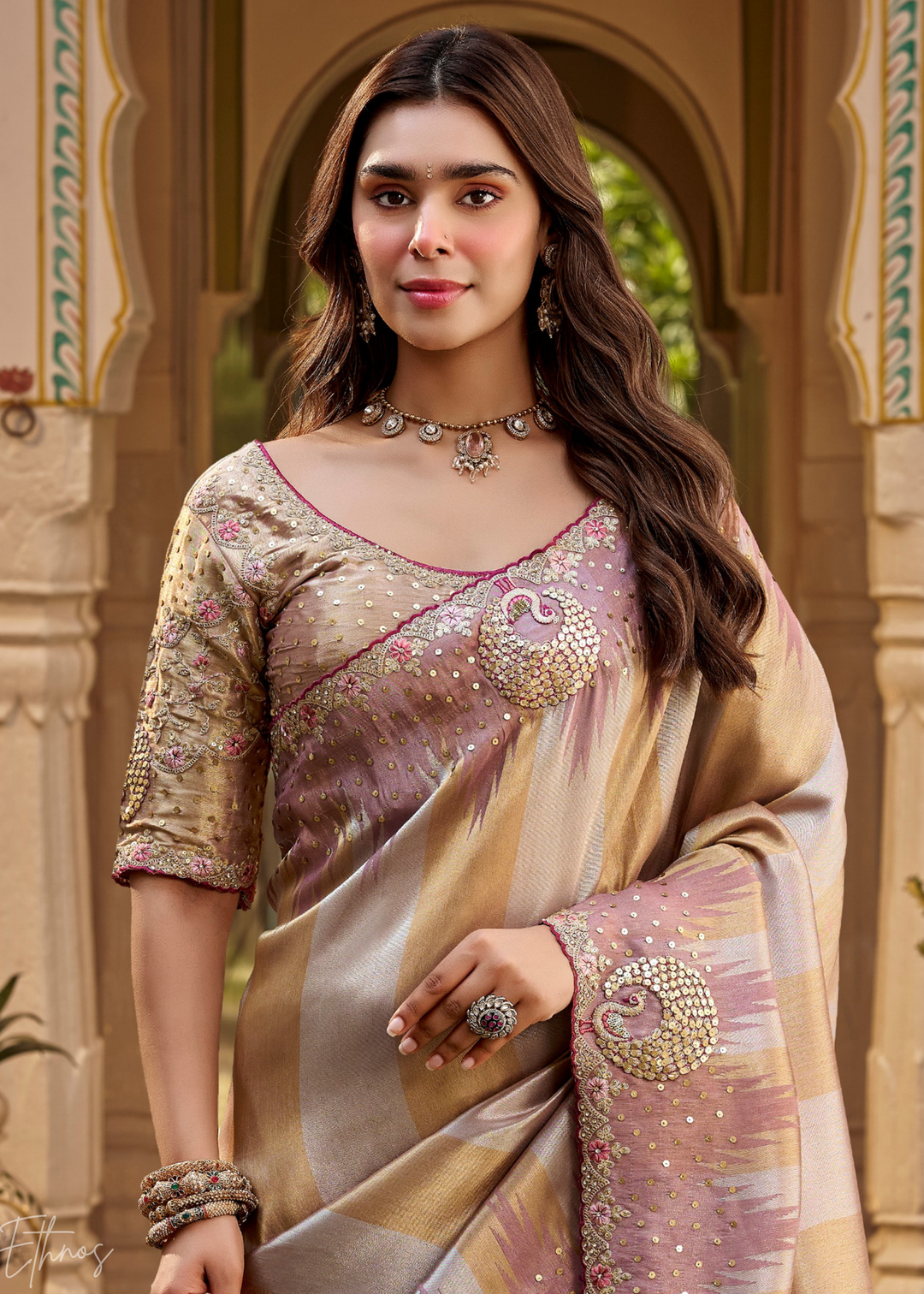 Dusty Mauve Subtle Checkered Satin Silk Saree