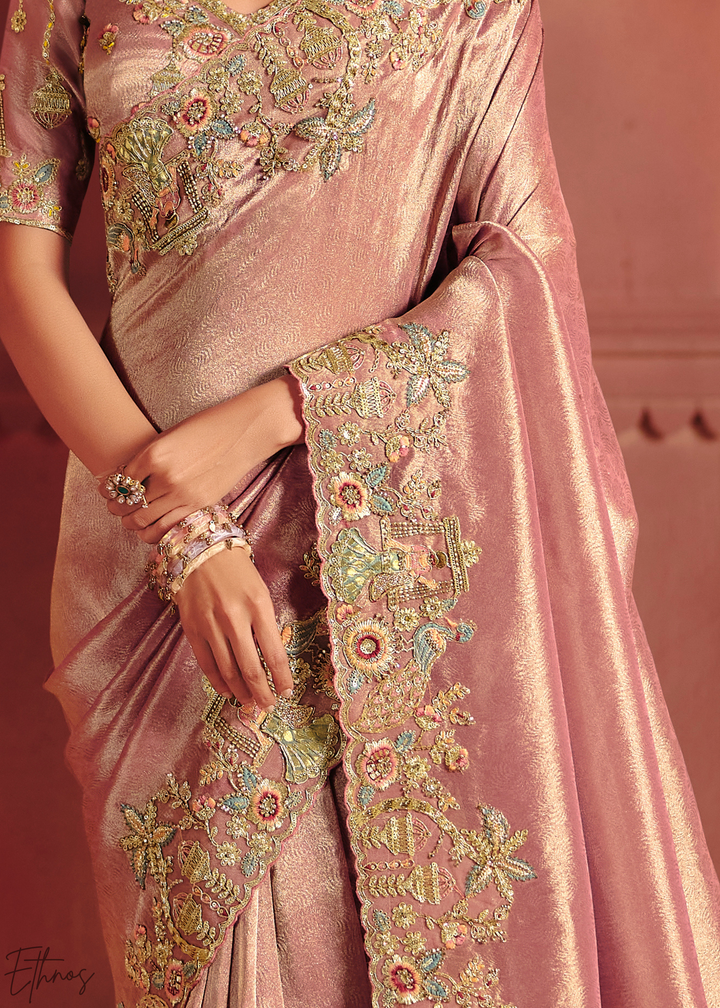 Dusty Peach Floral Resham Zari Silk Saree