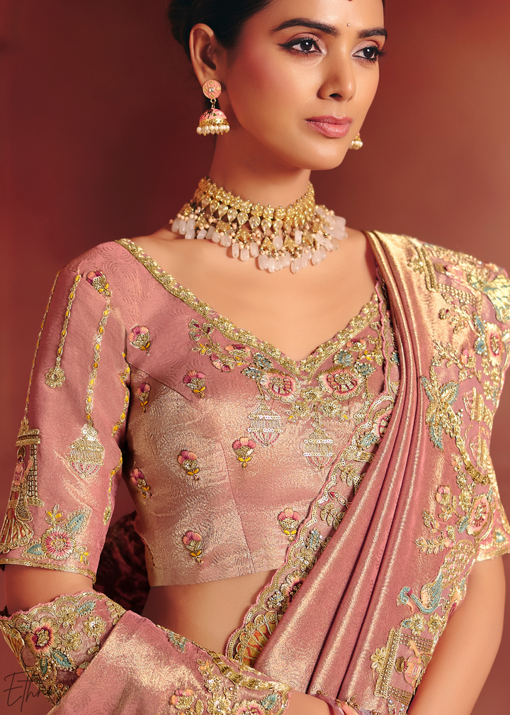 Dusty Peach Floral Resham Zari Silk Saree