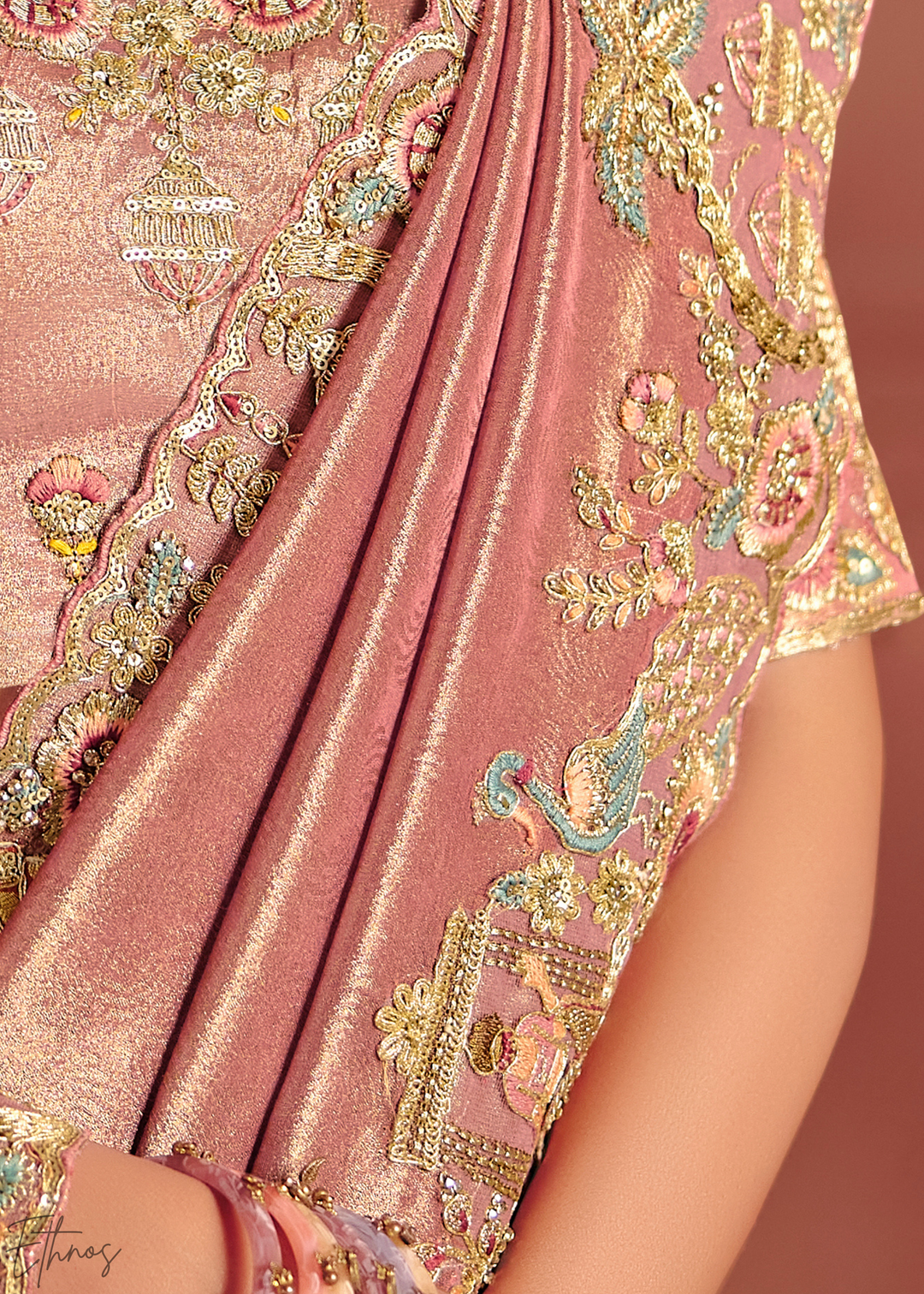 Dusty Peach Floral Resham Zari Silk Saree