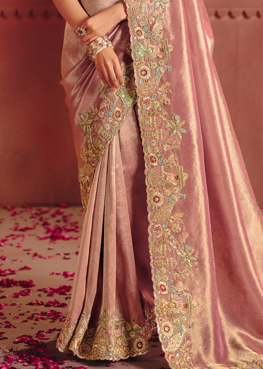 Dusty Peach Floral Resham Zari Silk Saree