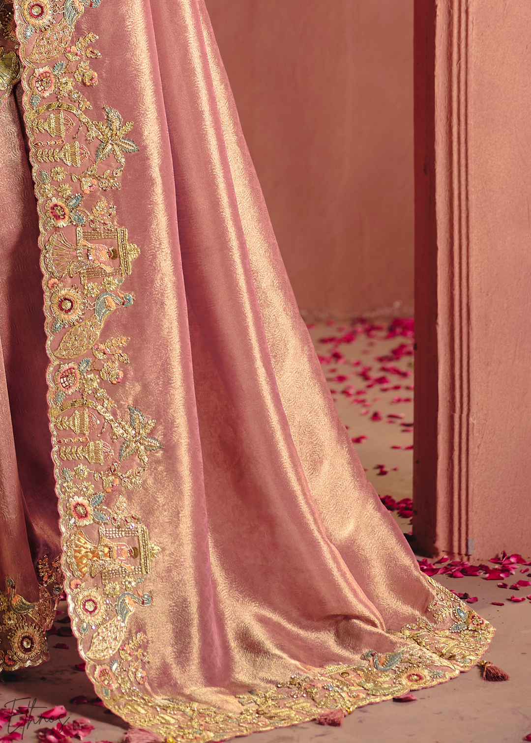 Dusty Peach Floral Resham Zari Silk Saree