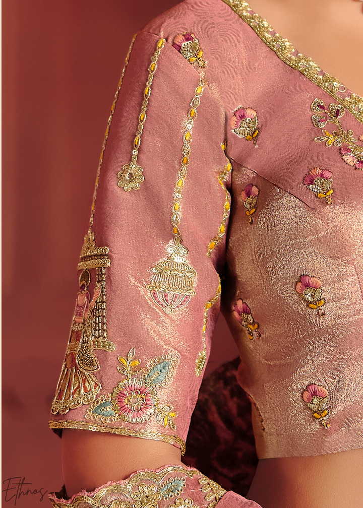 Dusty Peach Floral Resham Zari Silk Saree