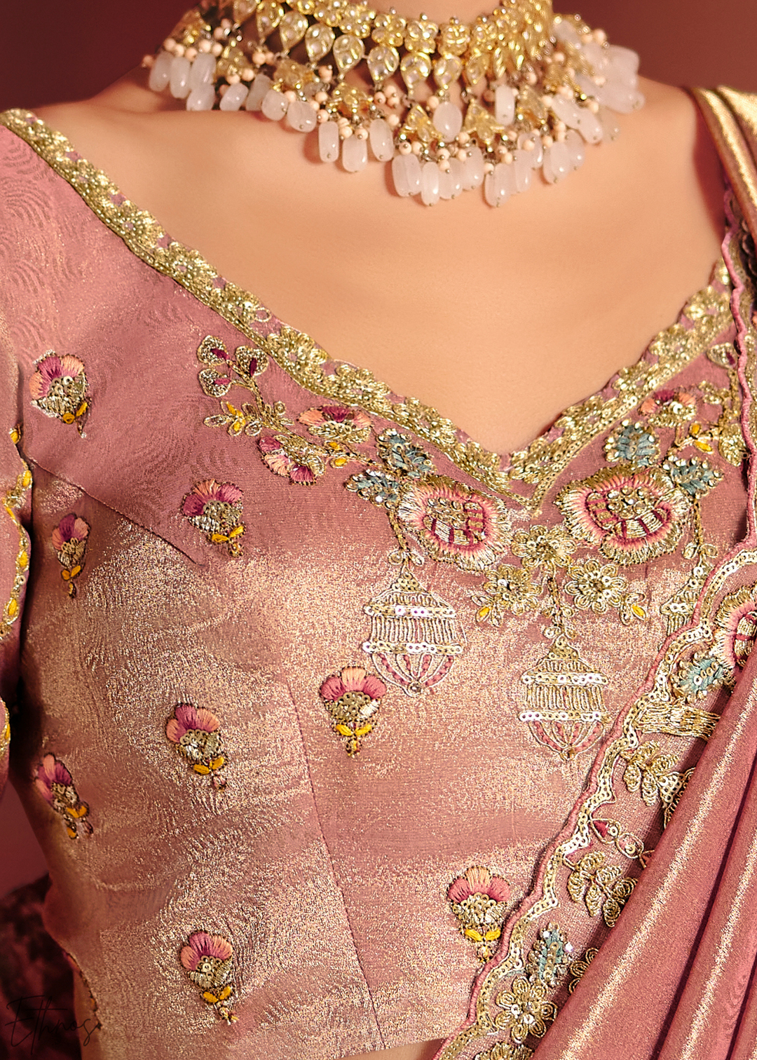 Dusty Peach Floral Resham Zari Silk Saree