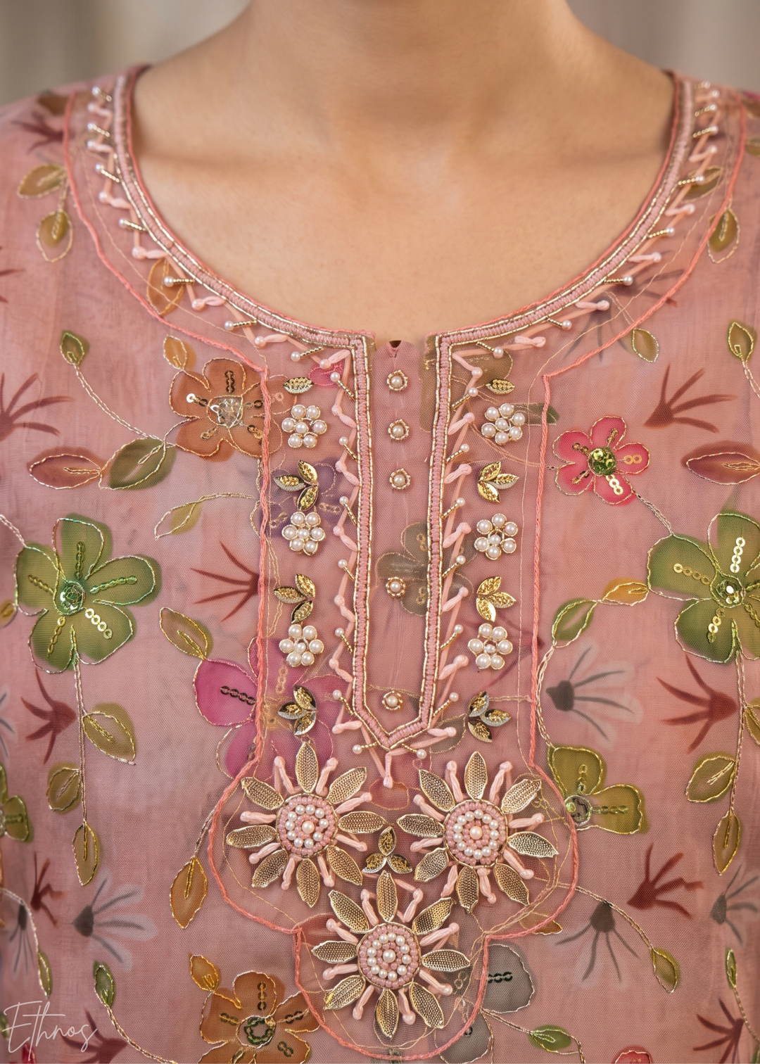 Dusty Pink Blossom Filigree Organza Pant Suit