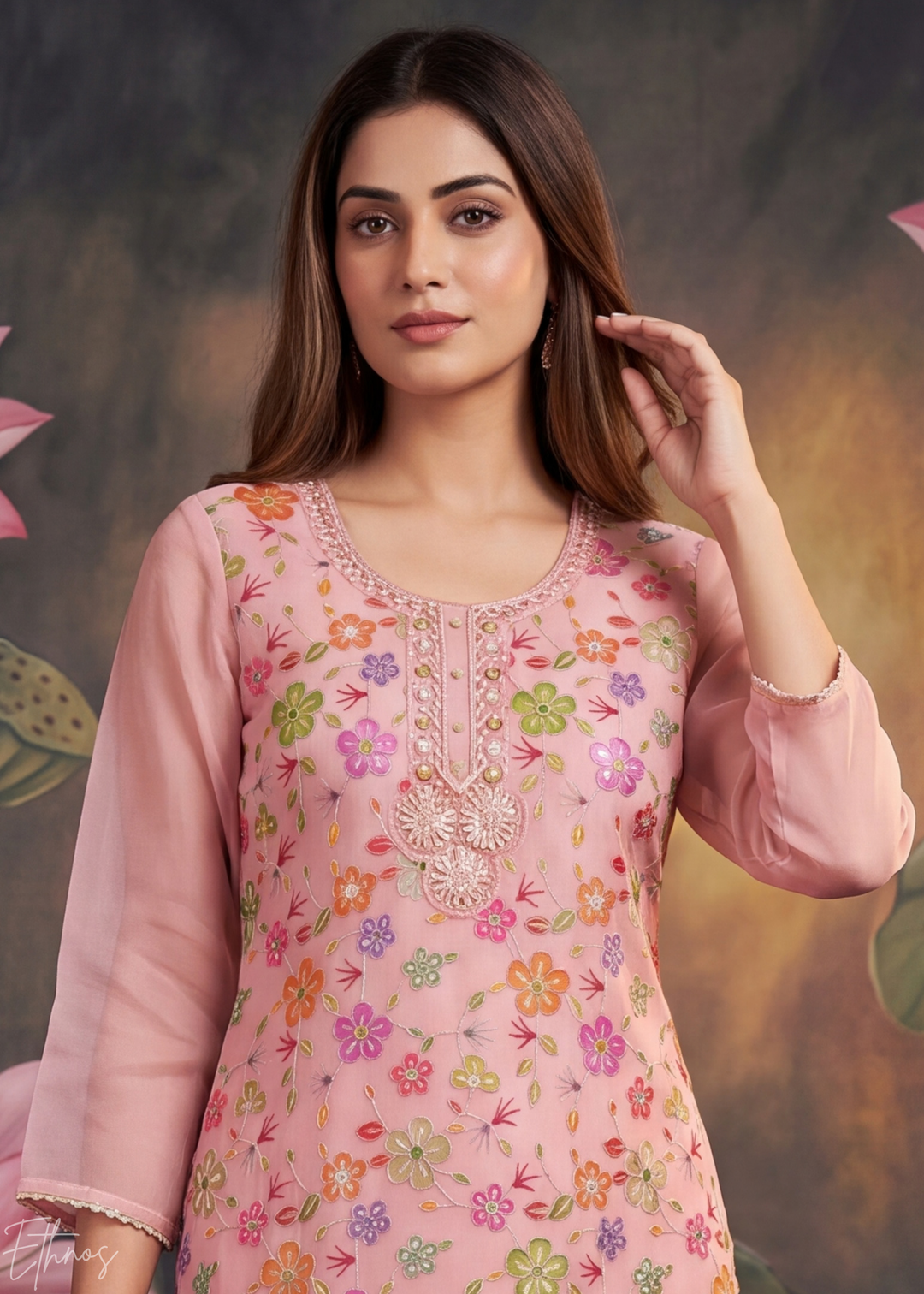 Dusty Pink Blossom Filigree Organza Pant Suit