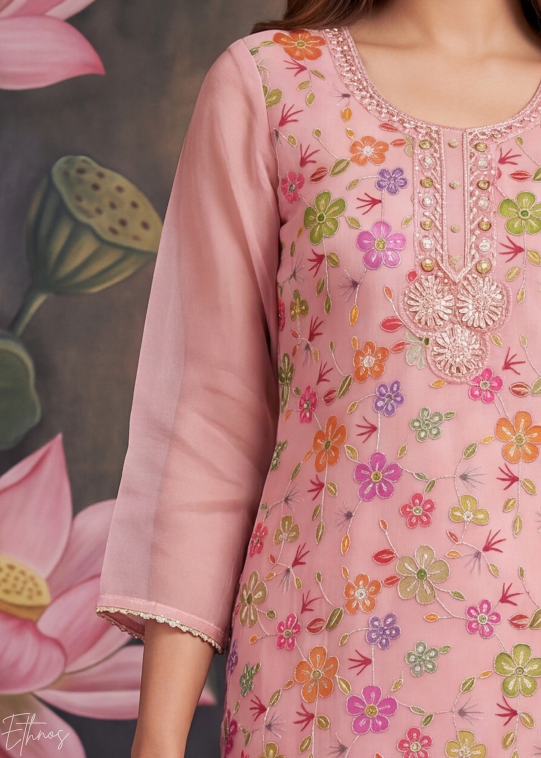Dusty Pink Blossom Filigree Organza Pant Suit