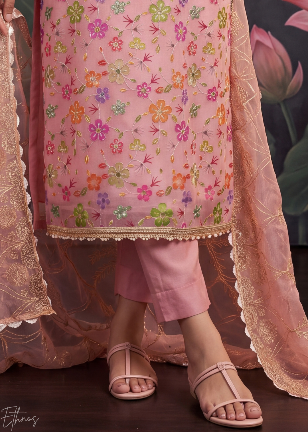 Dusty Pink Blossom Filigree Organza Pant Suit