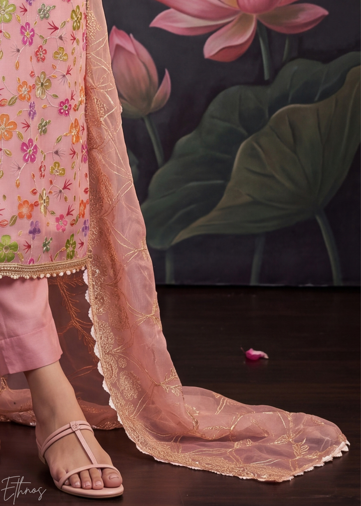 Dusty Pink Blossom Filigree Organza Pant Suit