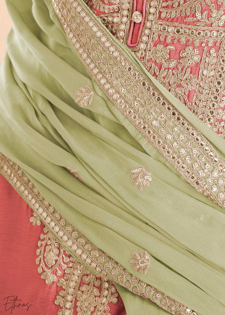 Dusty Pink Chinon Embroidered Palazzo Suit